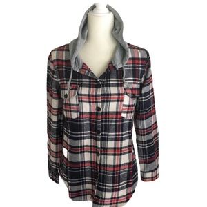 flannel plaid hooded button up shirt blue red small Cabincore Gorpcore NWT